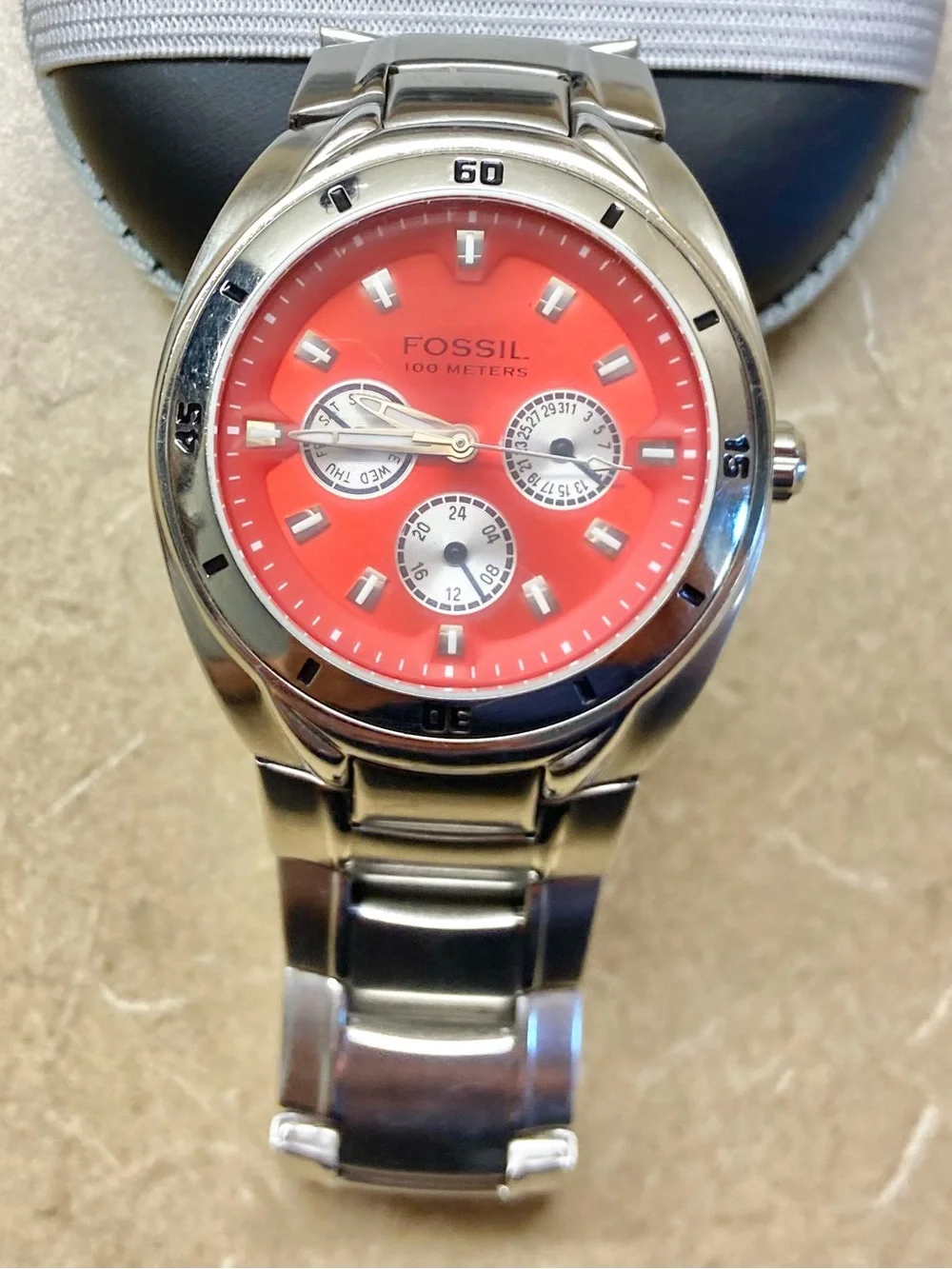 Fossil Silver Stainless Steel Sports Watch with  Red Orange Dial